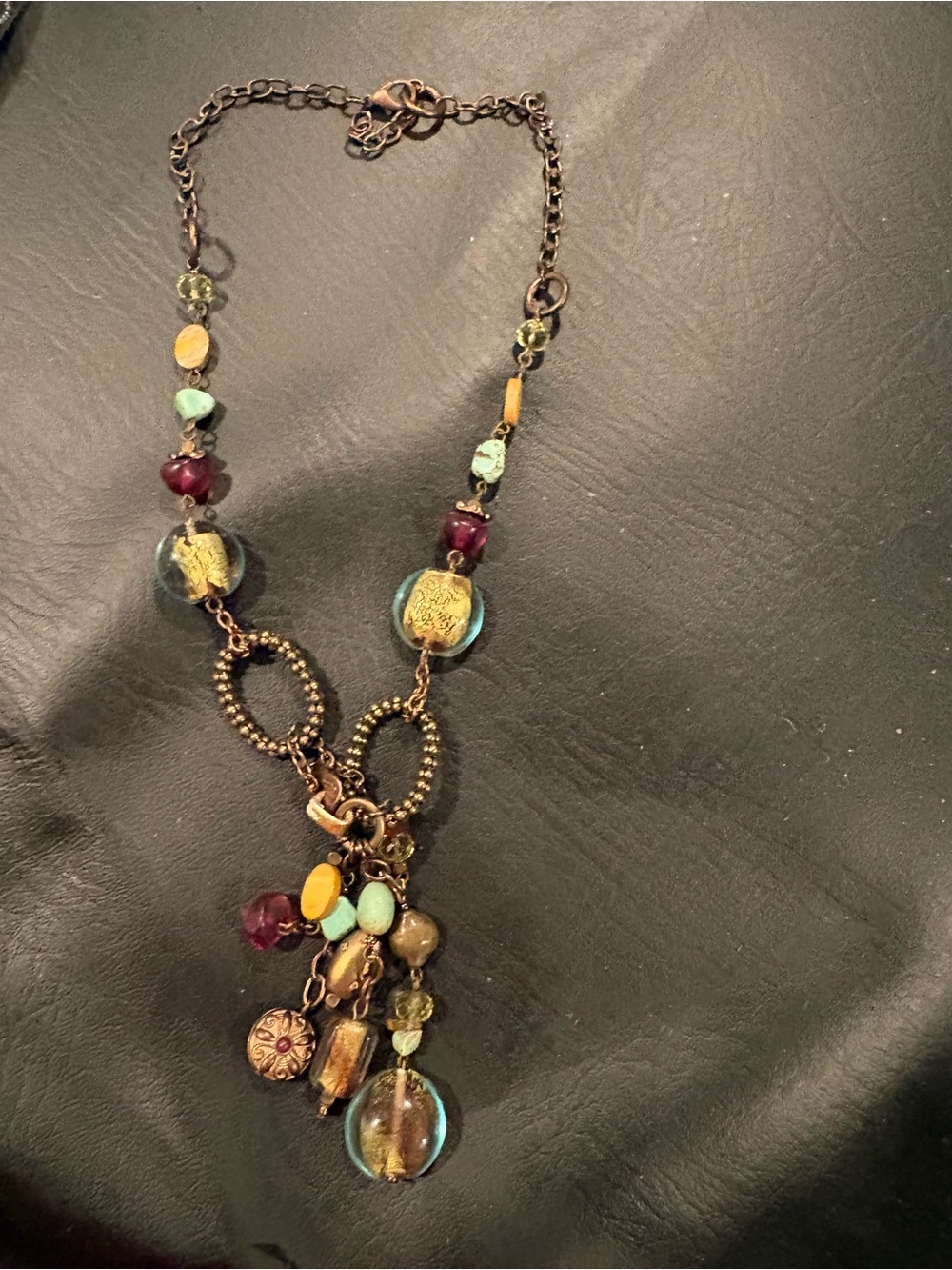 Bohemian Glass Bead Pendant Necklace in Turquoise and Gold
